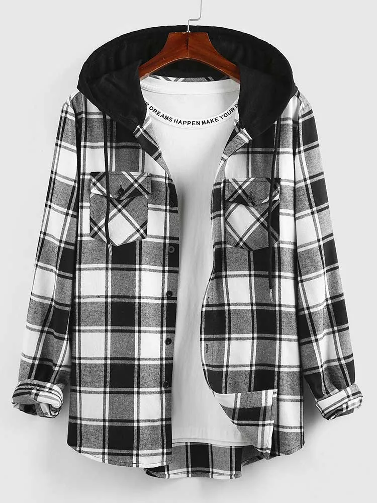 ZAFUL Shirt for Men Long Sleeve Y2K Colorblock Hooded Blouse Plaid Print Tops Fall Winter Warm Unisex Overshirts with Pocket