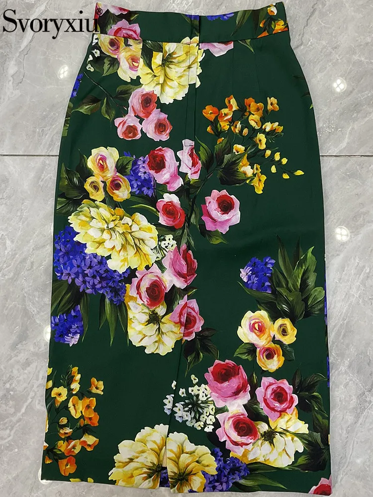 Svoryxiu Fashion Runway Summer Vintage Floral Print Silk Half Skirt Women's Party High Waist Buttock Covering Long Skirt