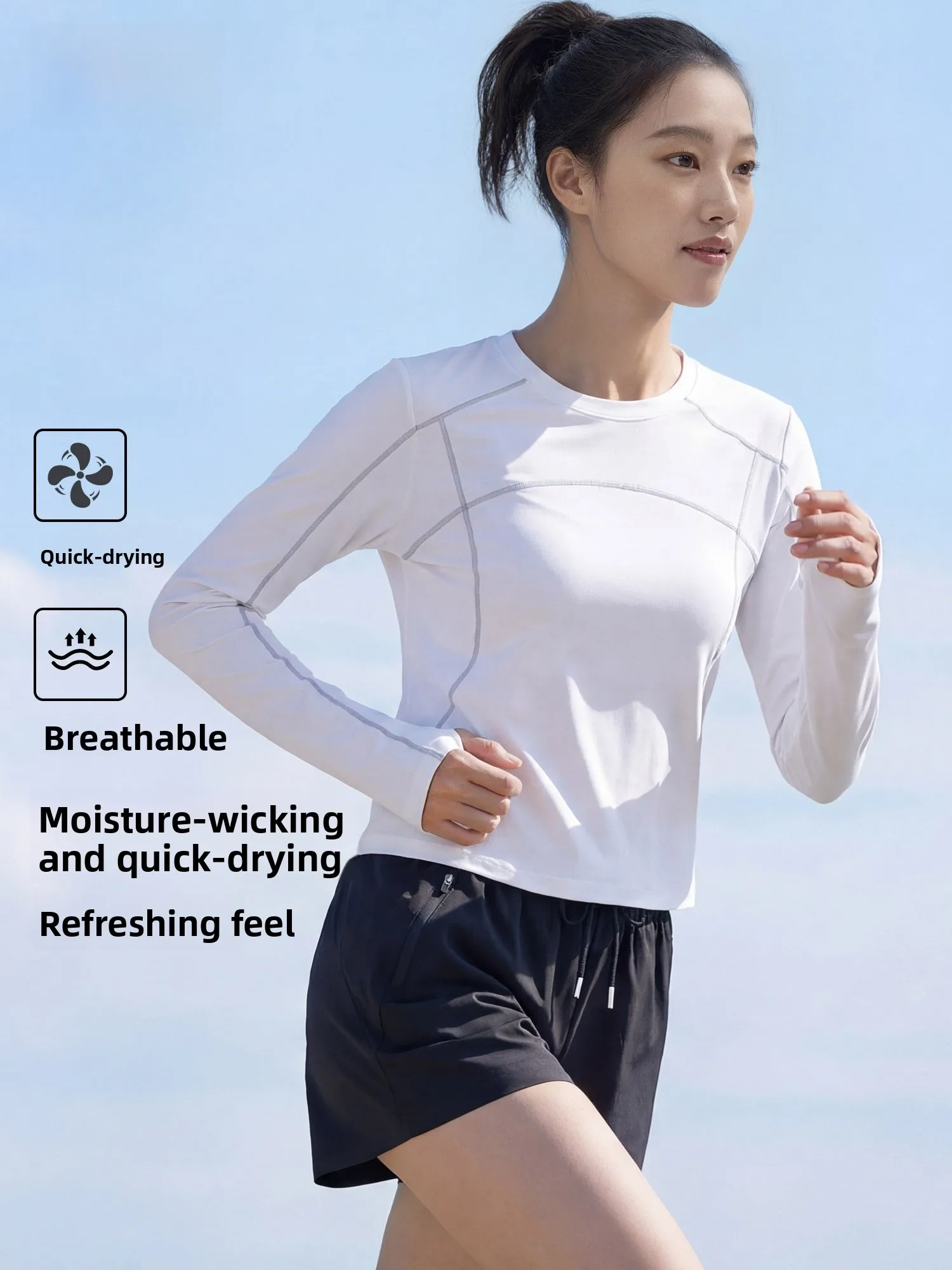 

Women's Long Sve T-irt Qui Dry Fitn Outdoor Running Sportswear UV Protection White Color Stand Fit round Ne