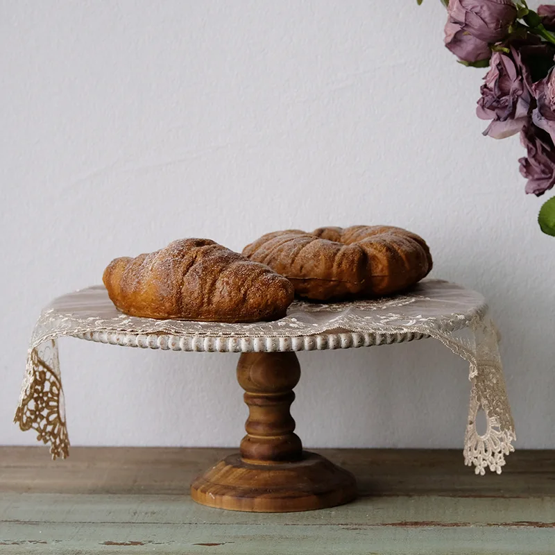 White Beaded 8 Inch Round Wood Pedestal Cake Stand Cake Rack Woodden Bread Tray Farmhouse Display Stands for Coffee Bar Kitchen