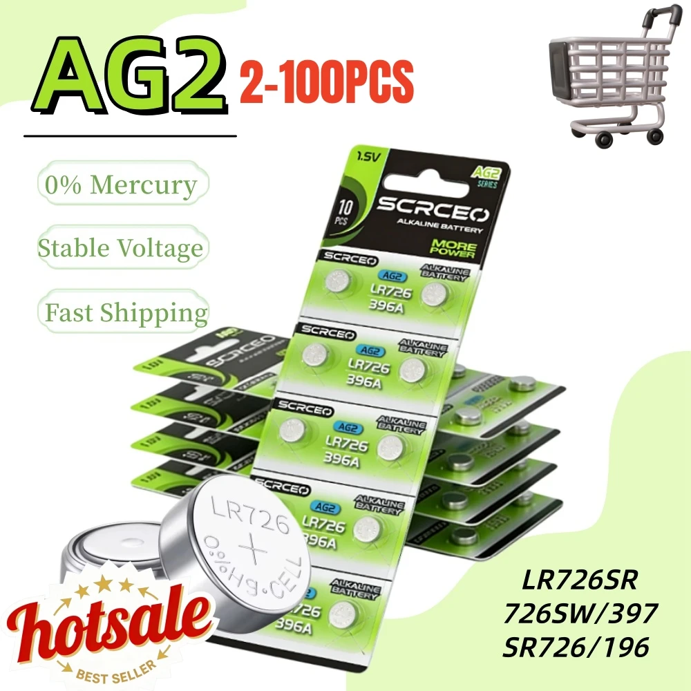 

2-100PCS AG2 1.55V Alkaline Button Battery LR726 SR726, Multi-Pack for Watch, Toys, Remote Controls