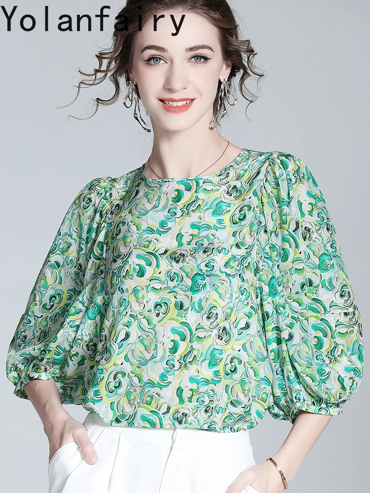YOLANFAIRY High Quality 100% Natural Mulberry Silk T Shirts for Woman Summer Chic Tee Shirt Puffed Sleeves Vintage Floral Blouse