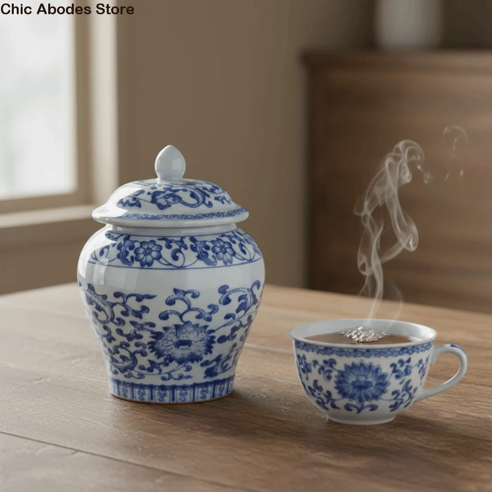

Vintage Ceramic Tea Jar with Sealed Lid Flower Coffee Canisters Moisture-proof Chinese style Food Canister Kitchen Pantry Holder