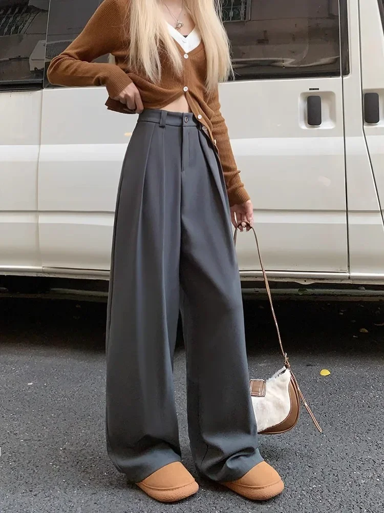 New Spring Women's Loose Draped Casual Suit Pants Korean Baggy Pants High Waist Straight-leg Mop Long Trousers Y2k