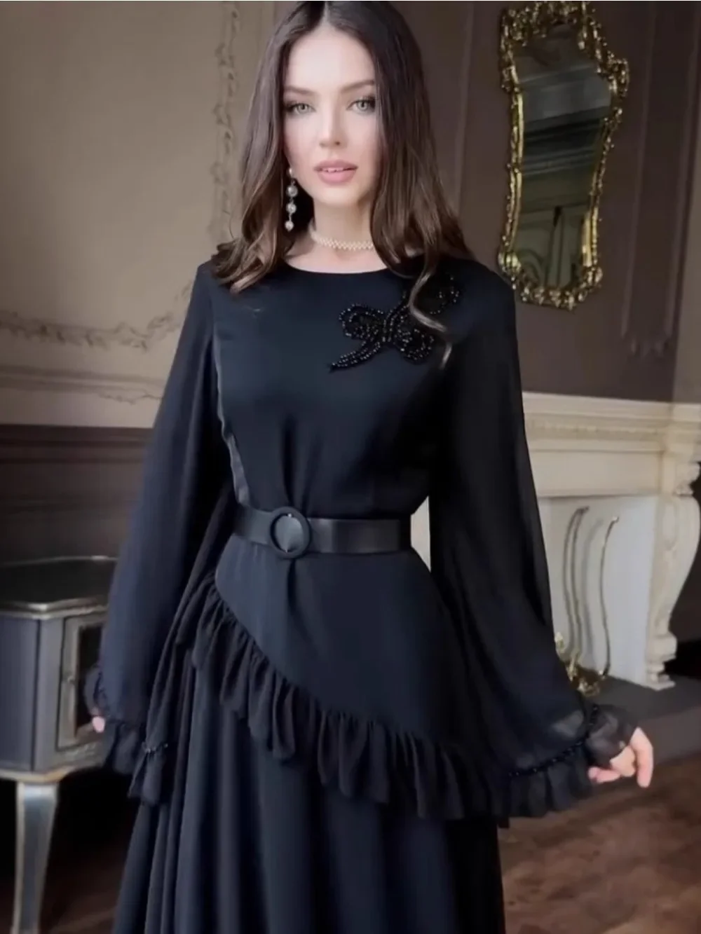 Eid Women Dress Muslim Autumn Ruffle Abaya Dubai Vestidos Largos Long Dresses Kaftan Arab Robe Party Caftan Jalabiya Ramadan