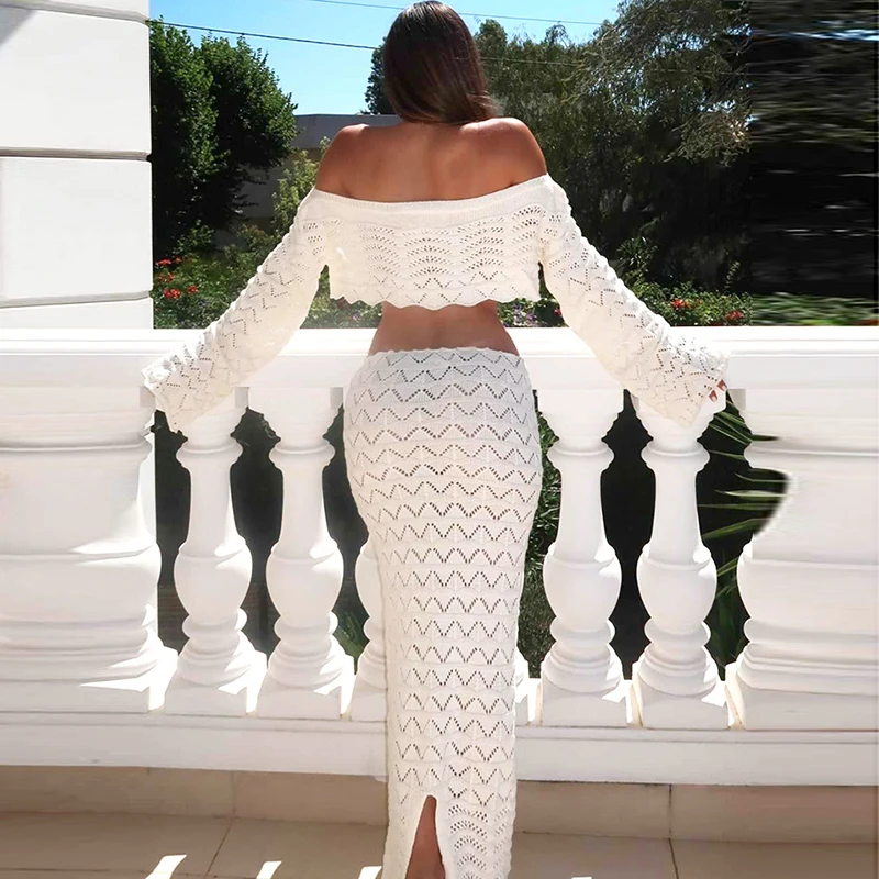 

Белый вязаный облегающий летний комплект: сексуальный пляжный топ с вырезами и длинными рукавами, юбка и топ с вырезом-лодочкой для женщин