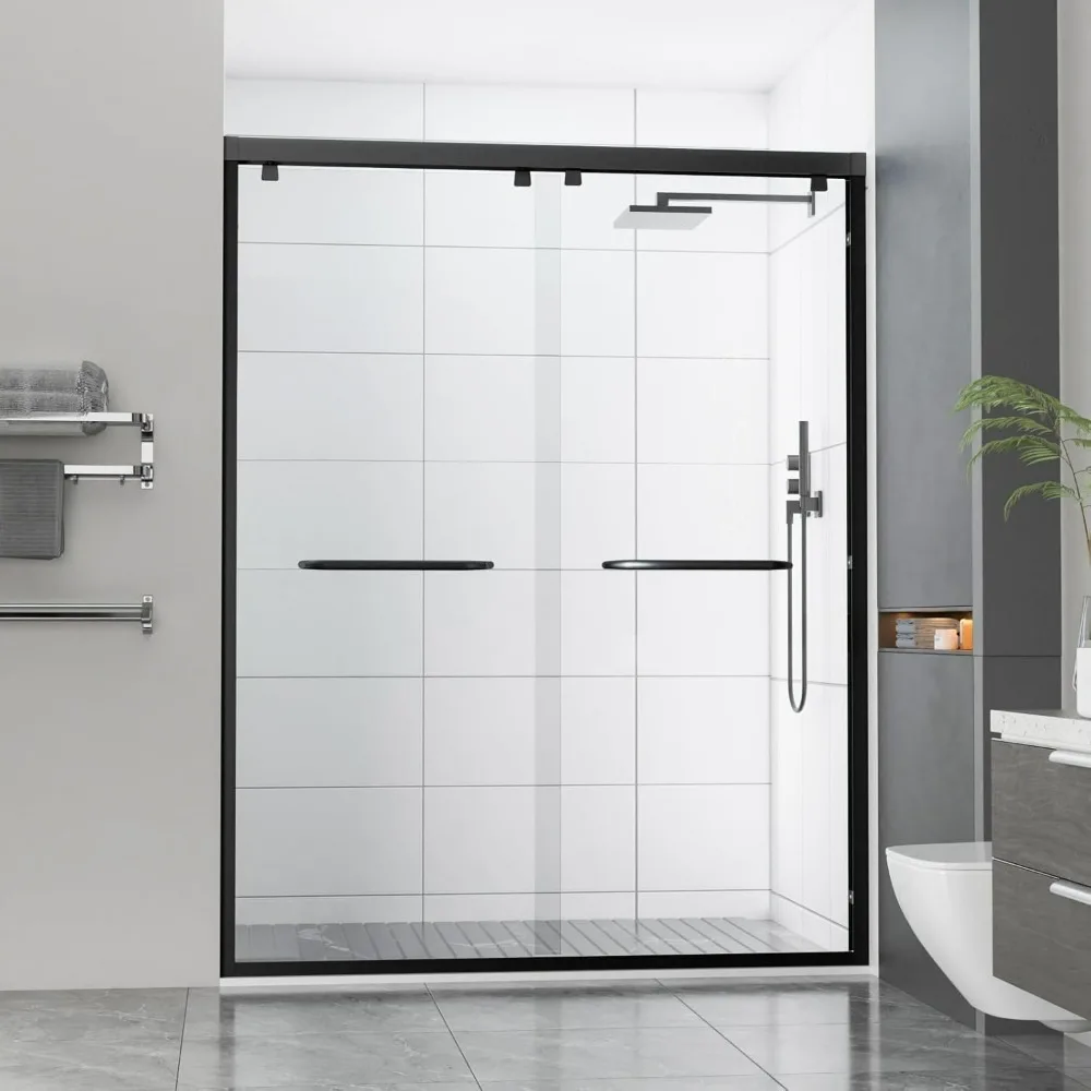 

56-60" Wx76 H Semi Frameless Double Sliding Shower Door, Matte Black Easy Clean Coating Sliding Shower Door