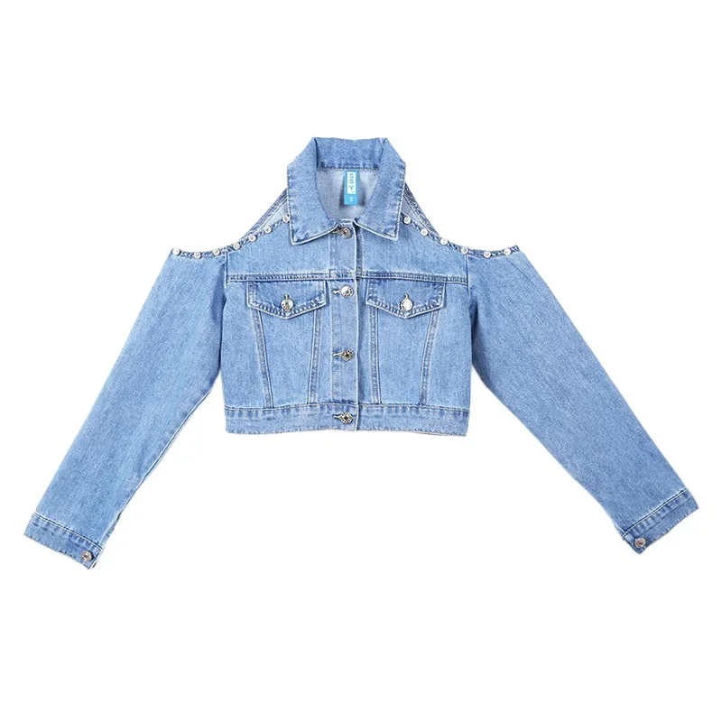 Vintage Light Blue Slim Ultra Short Denim Jacket Autumn Women Cowboy Outerwear Lapel Long Sleeve Solid Color Jeans Jacket Coat