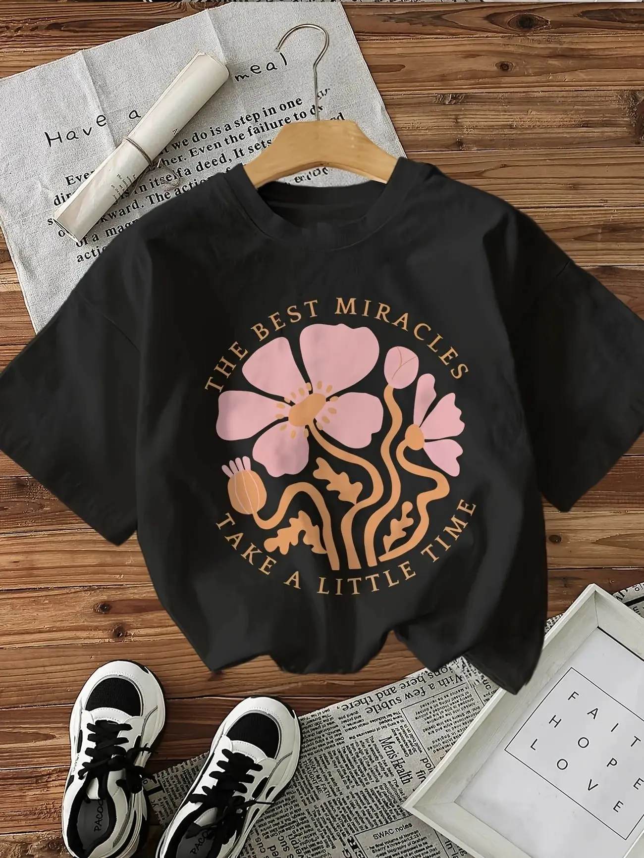 

Plus - Size Inspirational Floral Graphic Tee, Short - Sleeve with “THE BEST MIRACLES” Print
