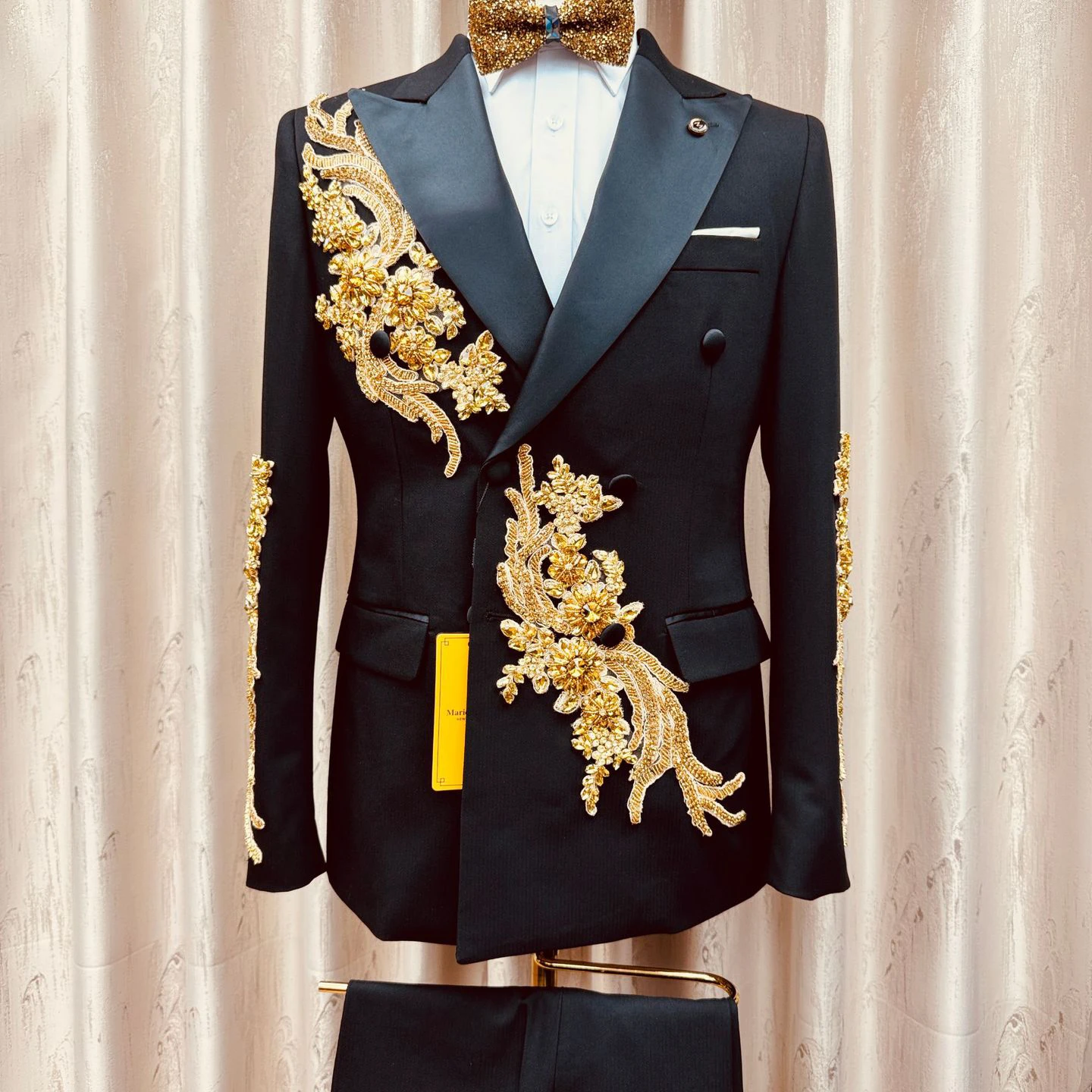 Handmade Men's Suit For Wedding Gold Beaded Appliques Prom Blazer Pants 2 Piece Sets Groom Tuxedo Customized Male Fashion Outfit