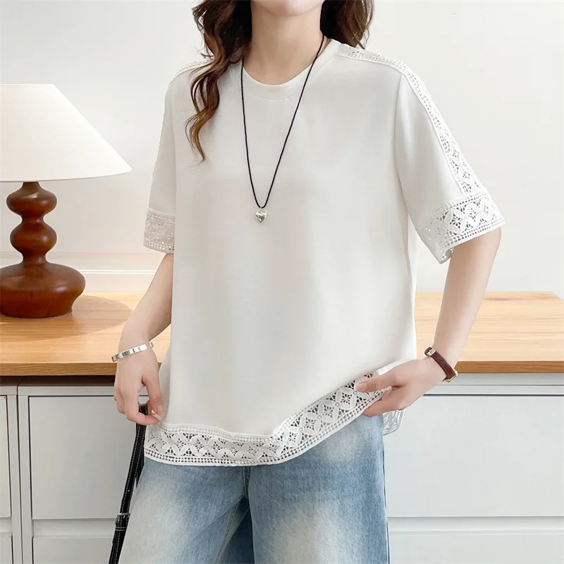 

Летняя женская футболка больших размеров 2026 с коротким рукавом, вырезами на плечах, пэчворком и круглым вырезом, повседневный модный топ для пышных дам 6130