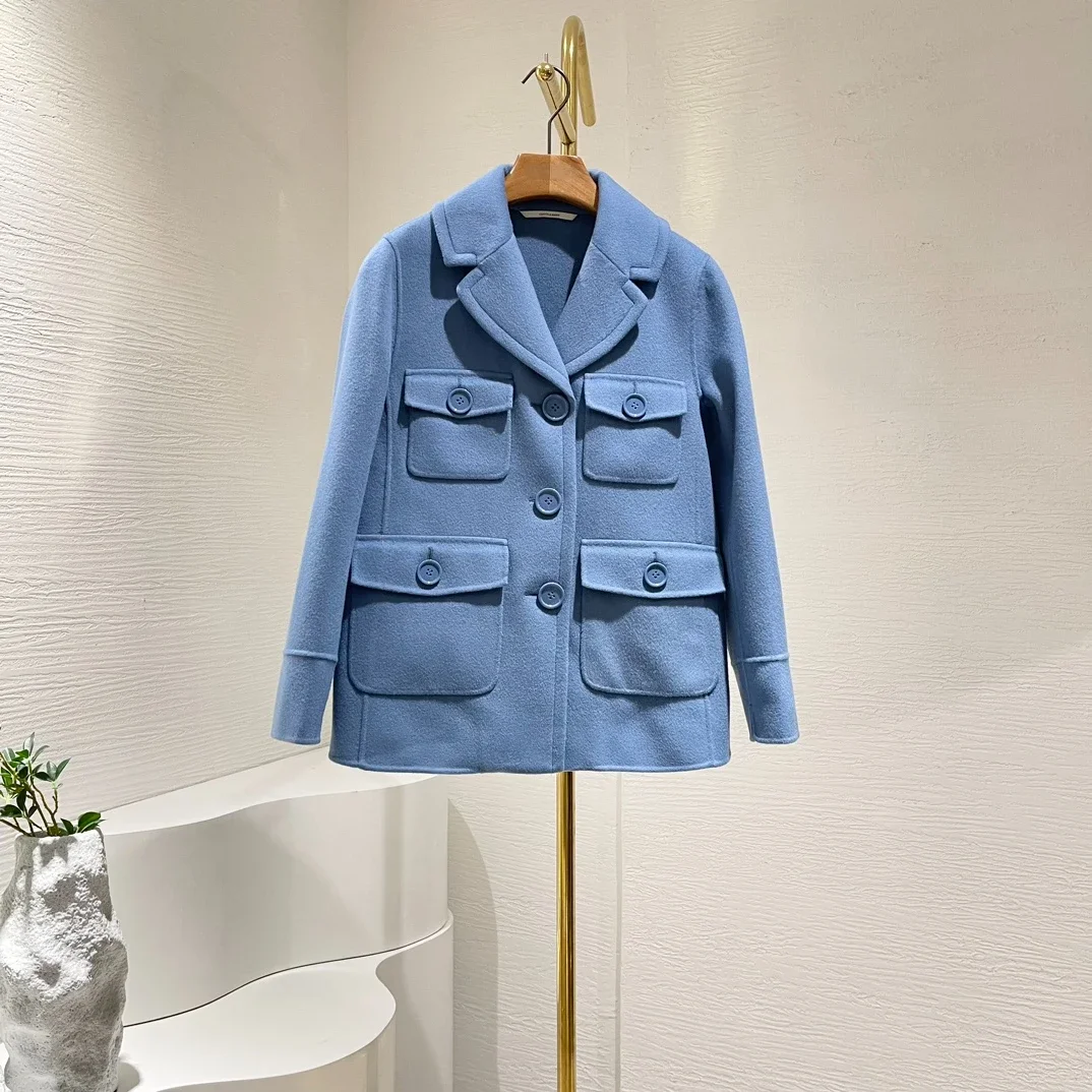 

Solid Pure Wool Long Sleeve Button Pockets Patchwork Double-faced Wool Coat for Women