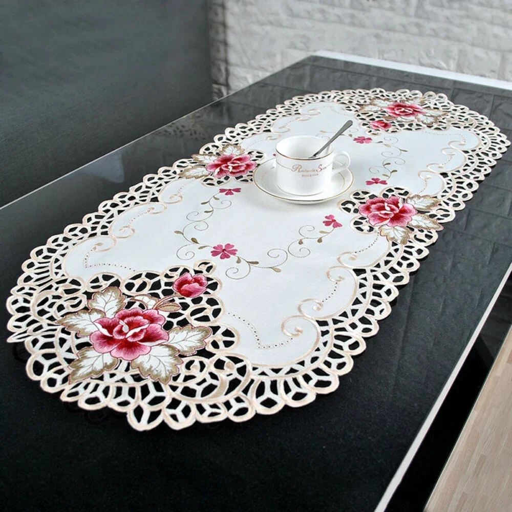 

White Oval Lace Tablecloth Doily Embroidered Floral Small Table Cover Home Decor Satin Fabric Satin Fabric 40x85cm/16"*33"