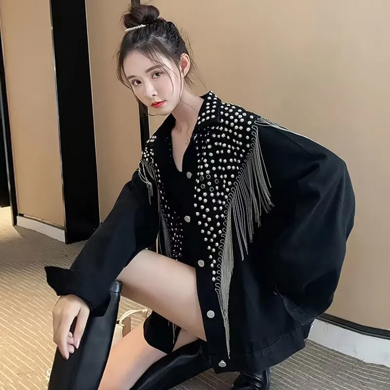 レディースデニムジャケット 2025年 春秋新作 ビーズタッセル ストリートウェア カジュアルデニムジャケット ハイストリート 韓国風 フリンジ ルーズコート 3XL
