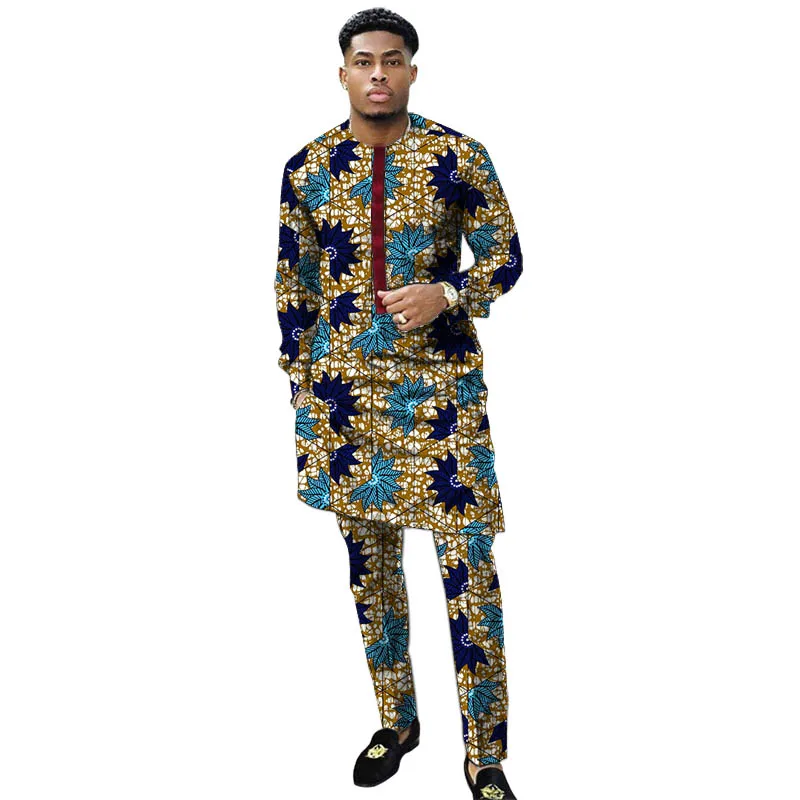 Nigerian Print Men Clothes Set Dashiki Shirts With Trousers Male Pant Suits Traditional Style African Pattern Wedding Wear