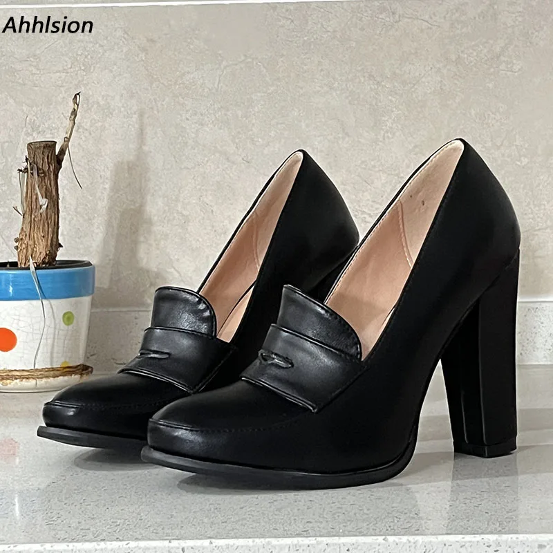 

Ahhlsion Женские весенние туфли-лодочки на массивном высоком каблуке из искусственной кожи с круглым носком без шнуровки Элегантные черные модельные туфли Женские американские большие размеры 5-20