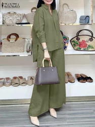2025 ZANZEA Two Piece Sets Womens Outfits Elegant Spring Tracksuit Casual Solid Long Sleeve Blouse Wide Leg Pants Suits 2PCS