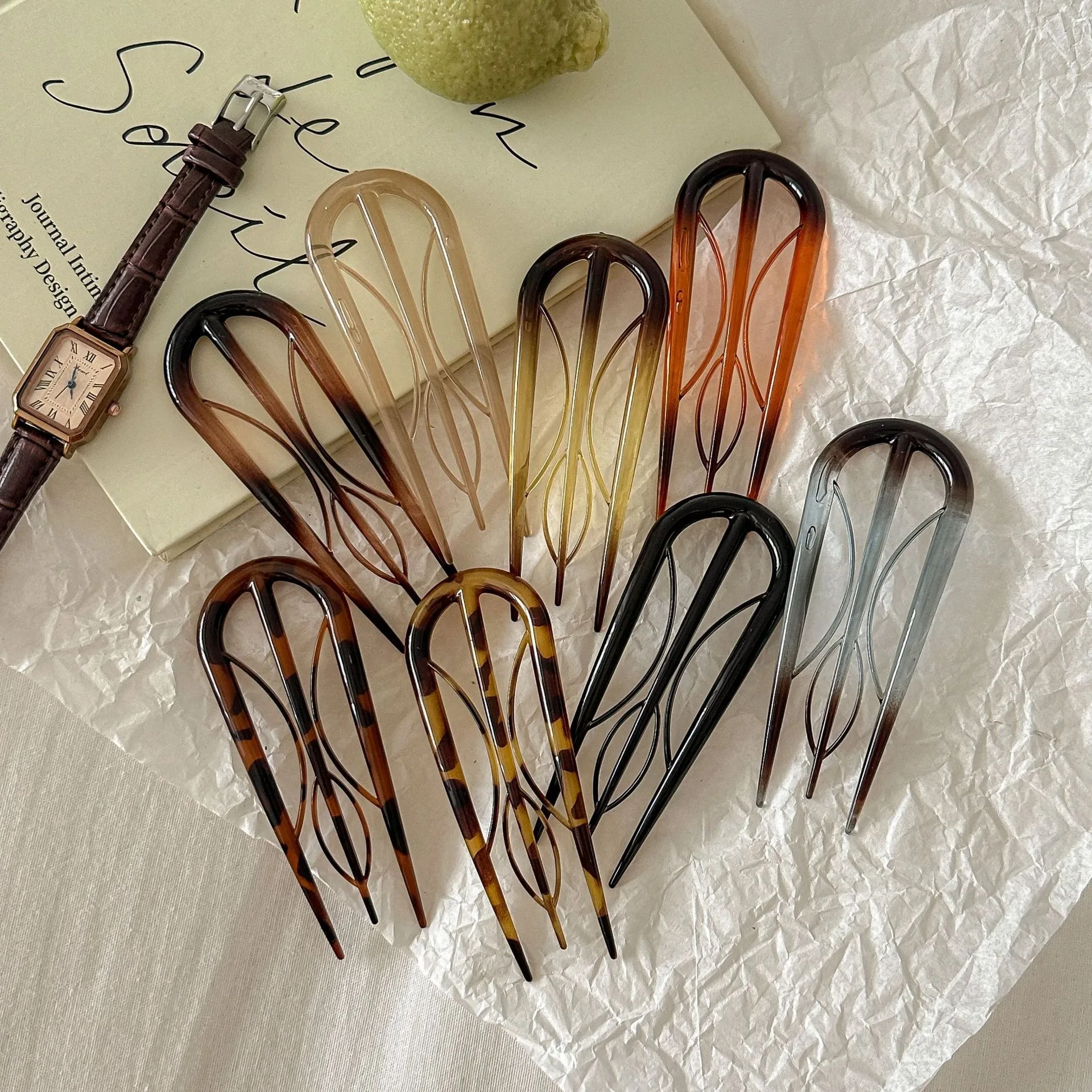 Grampo de cabelo de acetato vintage em forma de u, 3 peças aleatórias, adequado para cabelos finos e grossos, aderência suave, durável durante todo o ano, rabo de cavalo adequado