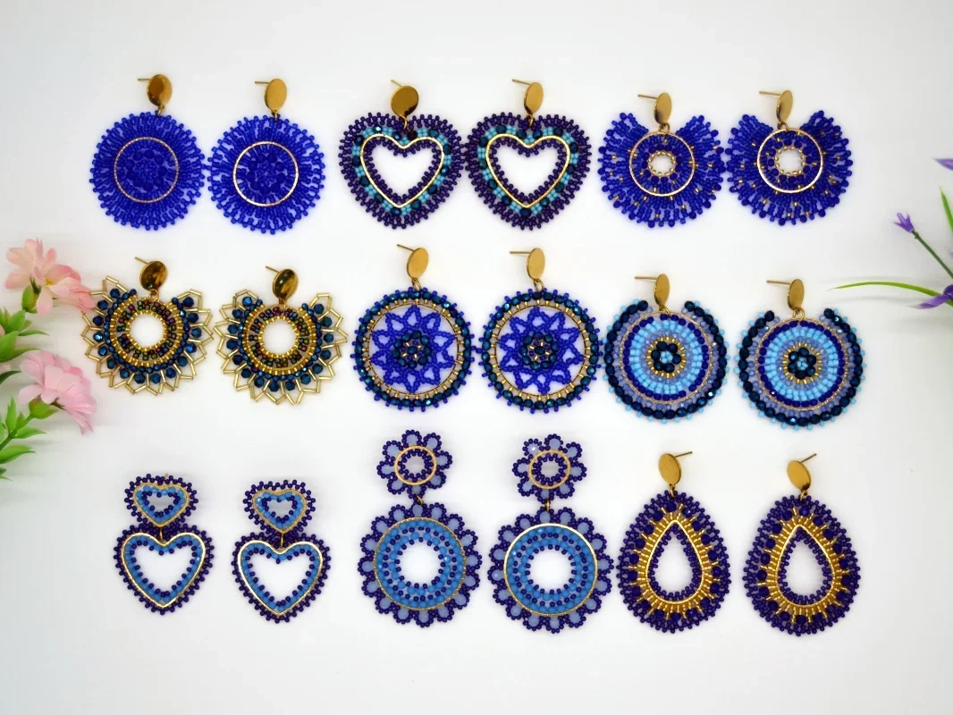 

Roundness Hollow Out Royal Blue Fashion Simple Geometry Hand Knitting Bohemia Crystal 2025 Handmade Beaded Earrings