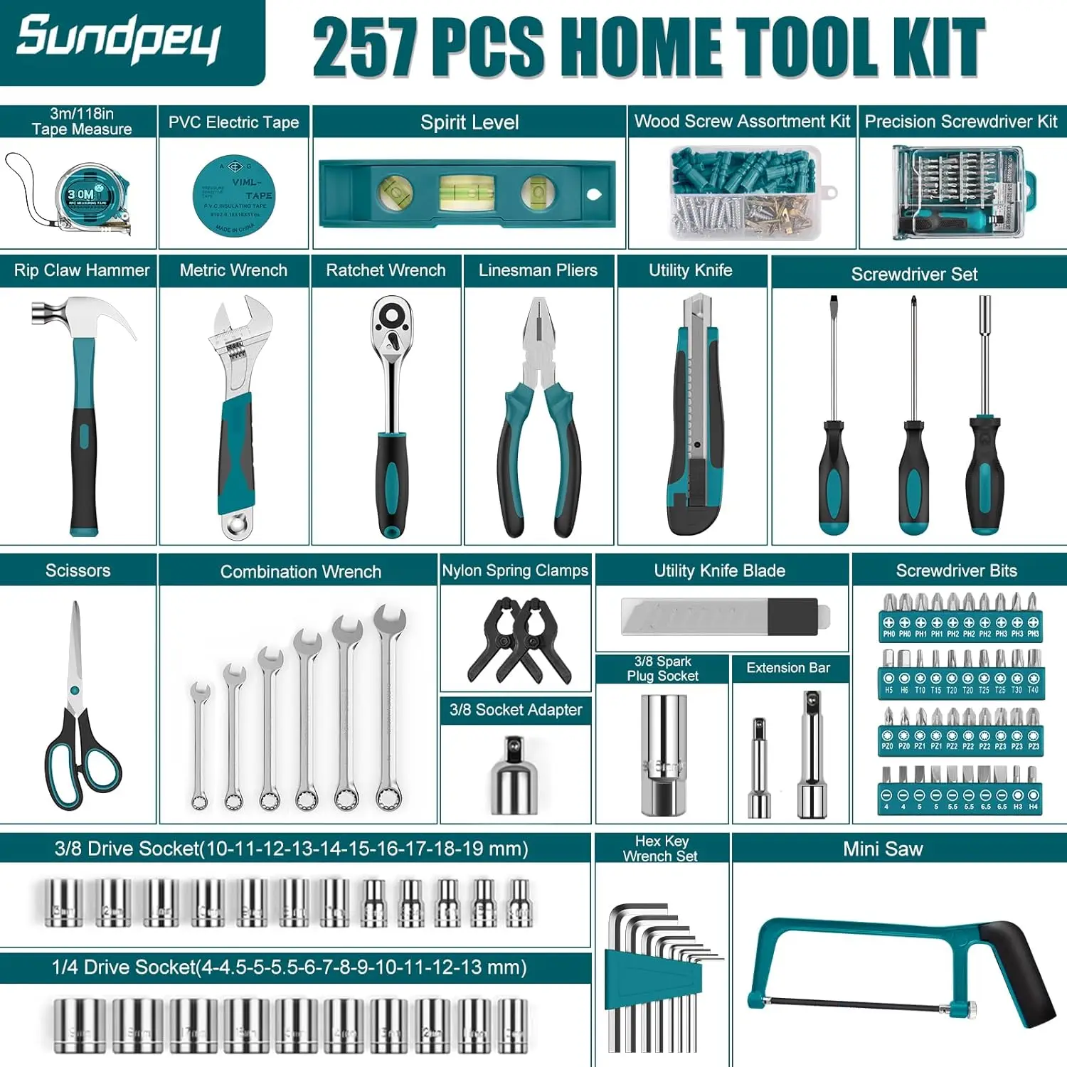 Home Tool Kit 257-PCs Household Basic Repair Tool Set for Men Women General Hand Mechanic's Tool Set Screwdriver Set Wrench Set