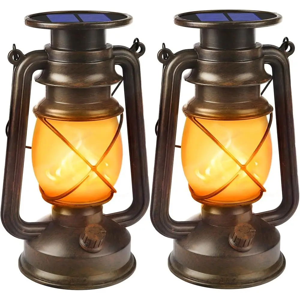 

Outdoor Waterproof 2 Pack Bronze Vintage Lanterns with Dancing Flame LED Hanging Lights Decor for Porch Garden Yard Camping