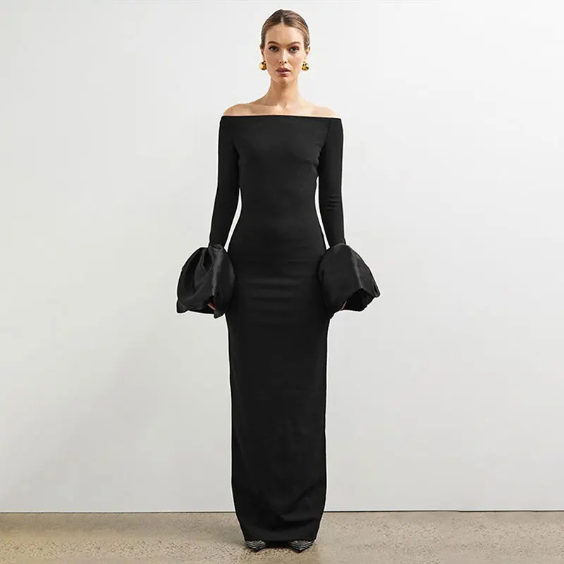 

GELITAYIN черные сексуальные платья макси женские весенние новые модные уличные платья с длинным рукавом с разрезом на шее элегантное женское повседневное S