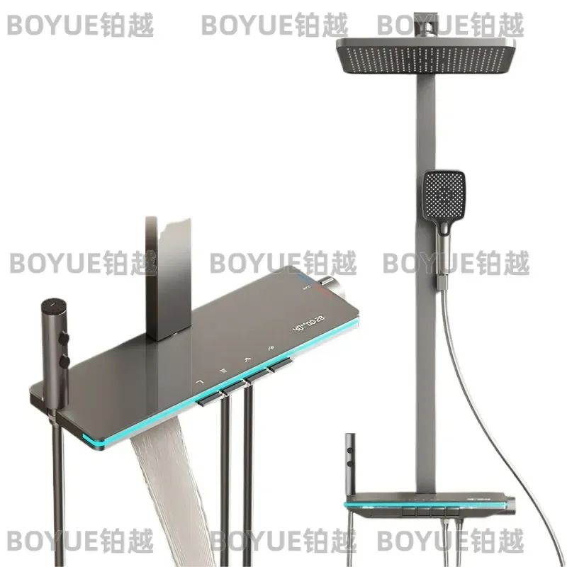 Gray All Copper Shower Set Digital Display Button Pressurized Rainfall Head Pressure Resistant Explosion Proof Bathroom