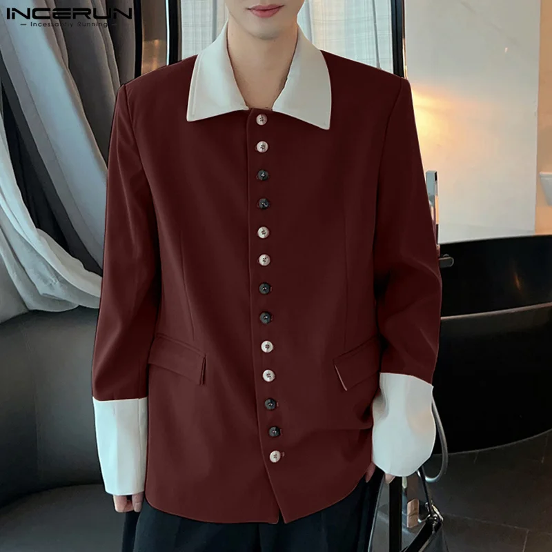 INCERUN Thin Blazer Men Suits  Long Sleeve Autumn Stitching Color Button Tops Streetwear Oversized Lapel  Casual Suits S-5XL