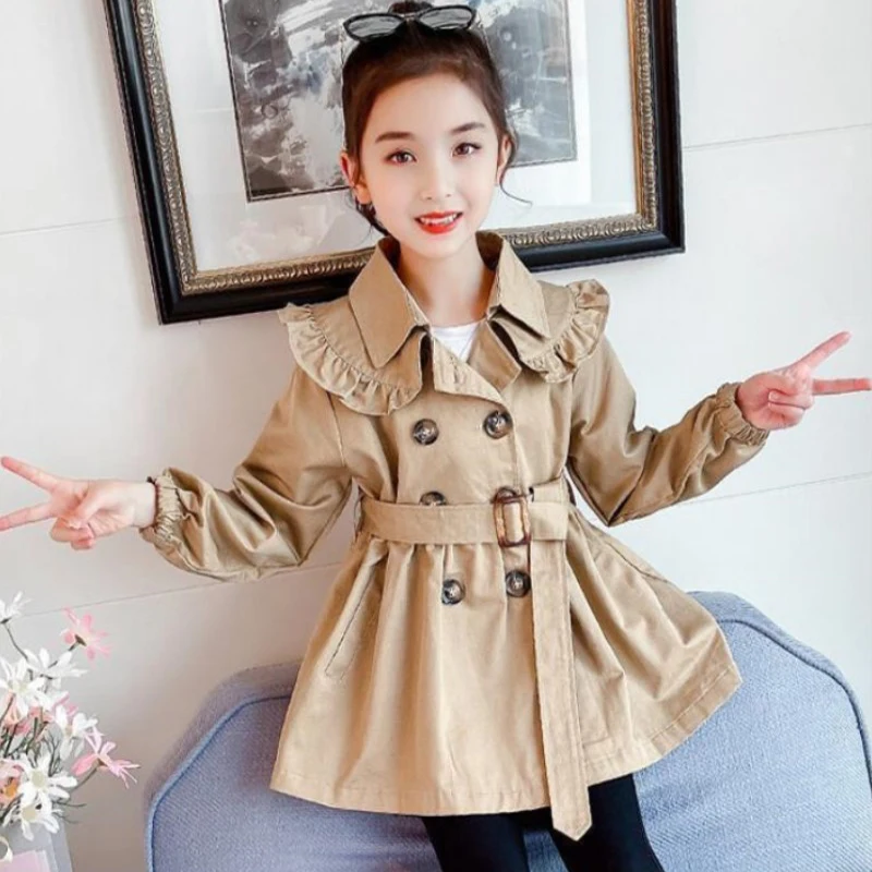 

3-12 Y Girls Long Trench Coats Fashion England Style Windbreaker Jacket Girl Spring Autumn Overcoat New Children Casual Clothing