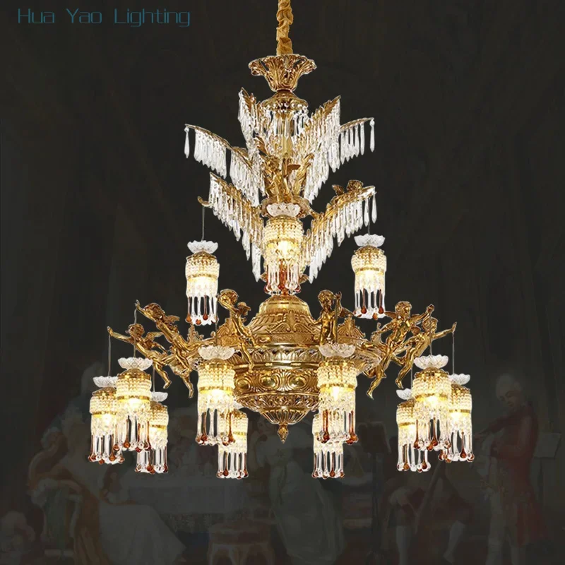 European Luxury Living Room Brass Crystal Chandelier French Baroque Retro Angel Pendant Light Villa Duplex Hall Luminaire