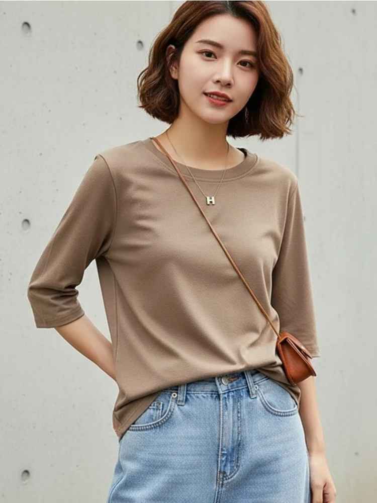 AOSSVIAO 2026 Sommer 100% Baumwolle Damen T-Shirt Basic Rundhals Modisch Einfarbig Kurzarm Oberteil