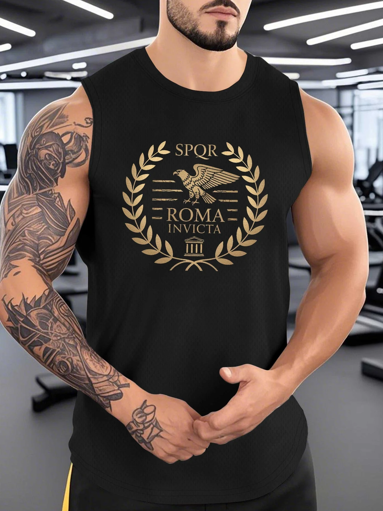 

Men's Roman Eagle Pattern Vests - "SPQR Roma Invicta III" design, olive green sleeveless fitness shirt with geometric patterns