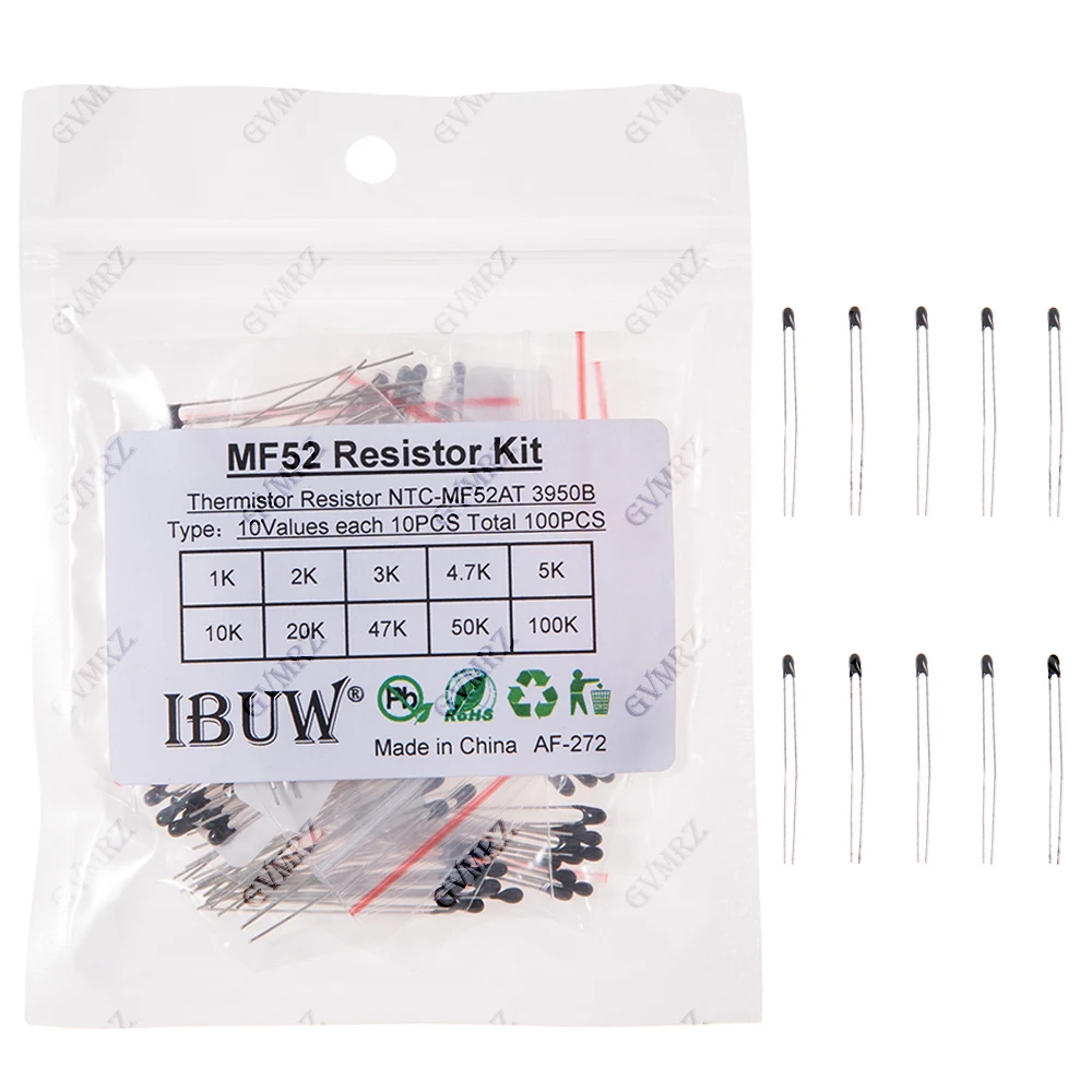 100PCS 10Values MF52 NTC Thermistor Kit 1K-100K 3950B for Temperature Sensing & Circuit Overheat Protection 1K 10K 100K