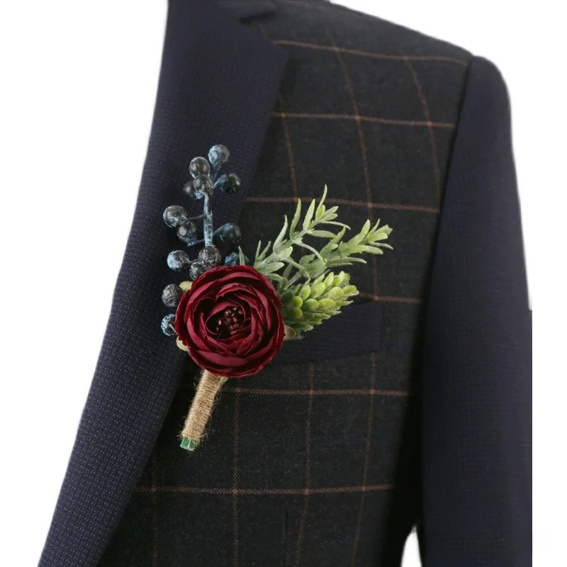 Bordeauxrode Bloemen Rose Kunstmatige Mensuit Boutonnieres Pols Corsage Huwelijk Bruidsmeisje Bruiloft Accessoires