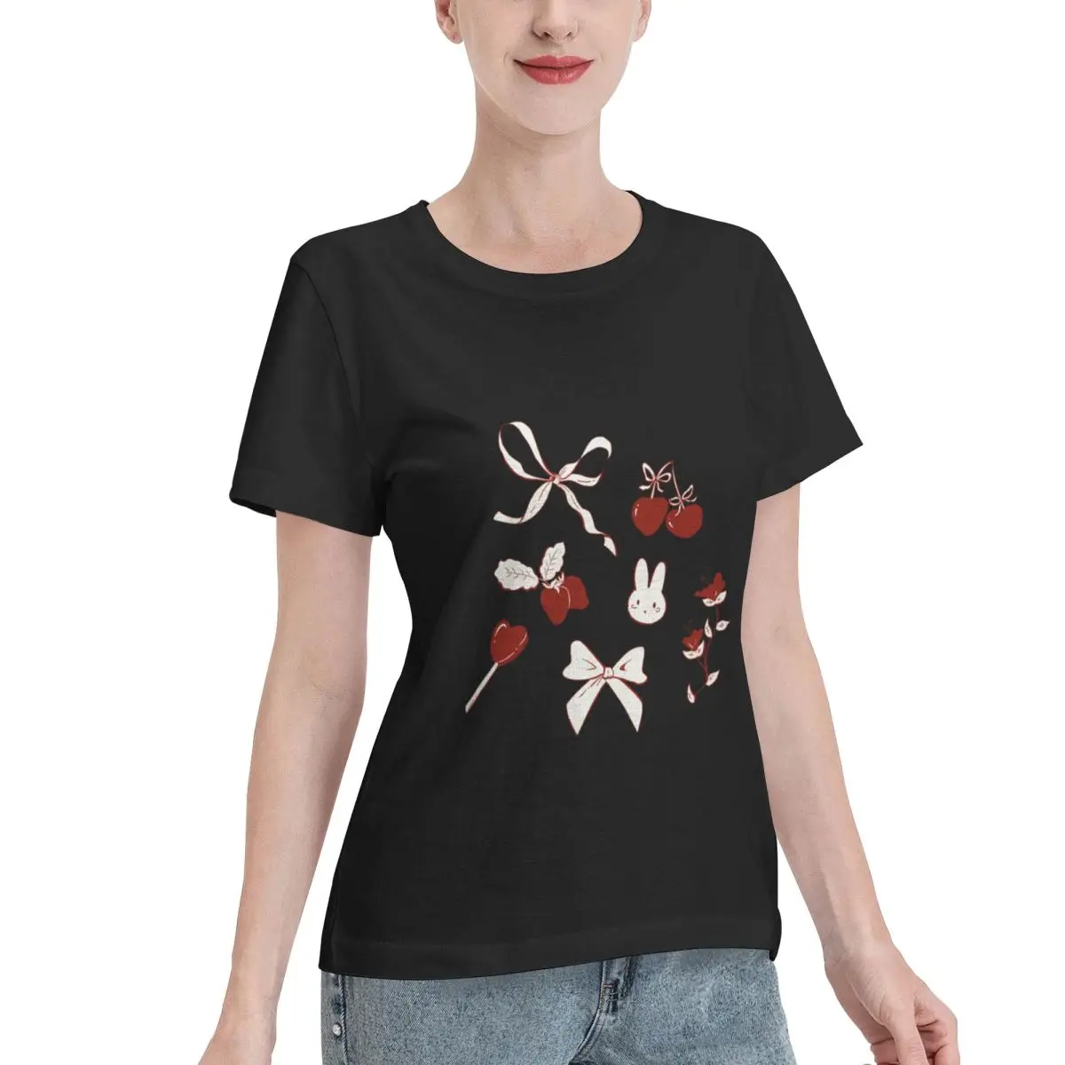No Fade Coquette Ribbons Bows And Cherrys Aesthetic Boxy Women's T-shirt Party Spring Autumn Top