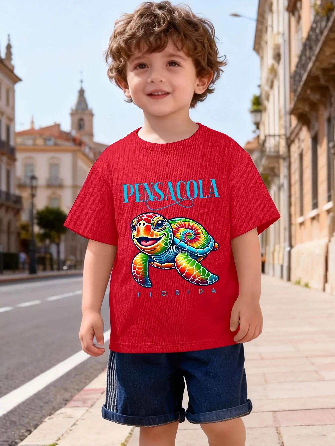 Colorful Sea Turtle Pensacola Florida Letter Graphic Print T Shirt Family Matching Boys Girls Kids Short Sleeve Daily Tees