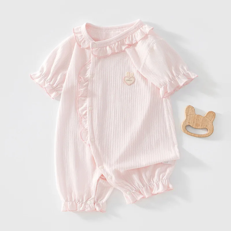 

AYNIGIELL Summer New Baby Jumpsuit Baby Girl Short Sleeved Hoodie 0-2 Year Cute Little Princess Crawling Suit