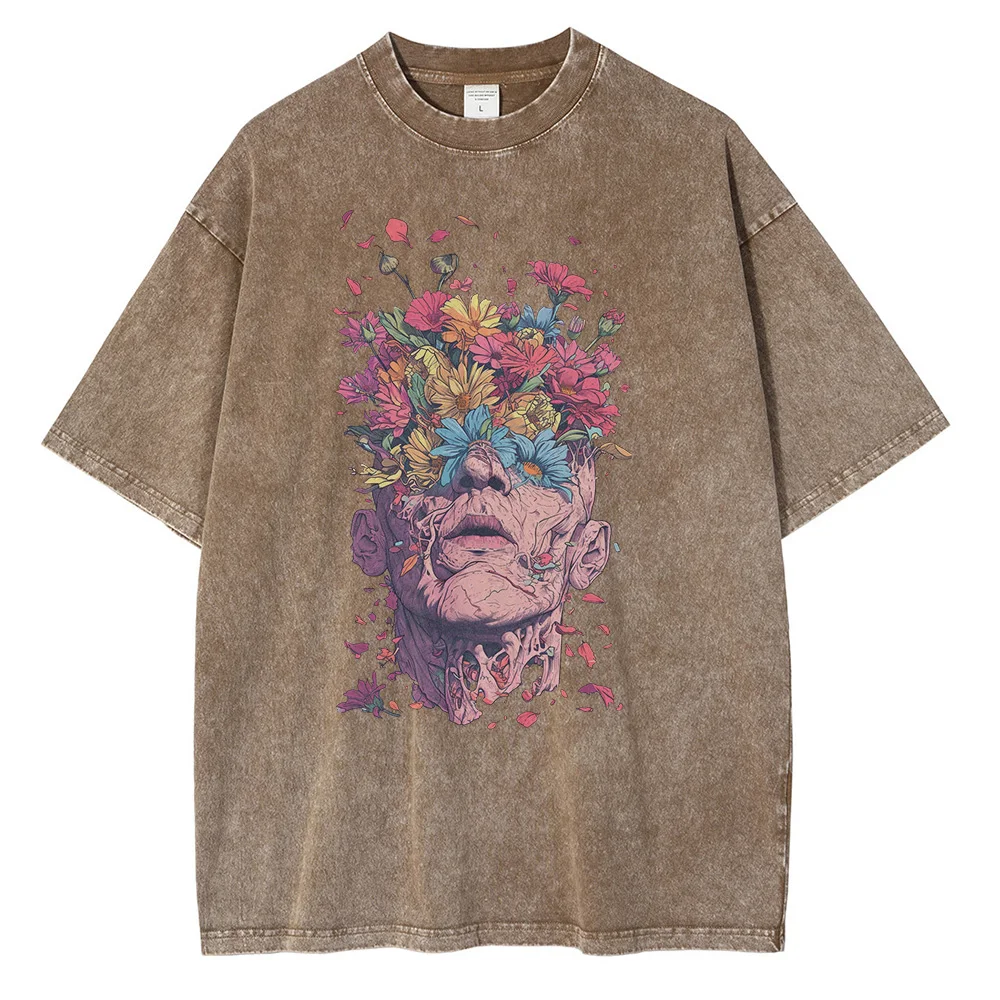 Heavyweight Pure Cotton T Shirts Flowers Emerging Out of Human Eyes and Heads Graphic T-shirts Vintage Van Gogh Style Mens Tops