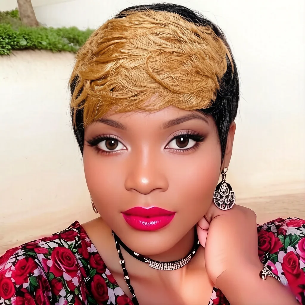 Two Tone Black & Burgundy Short Human Hair Wig, Full machine made Pixie Cut Wig with Bangs, Natural Looking Wig