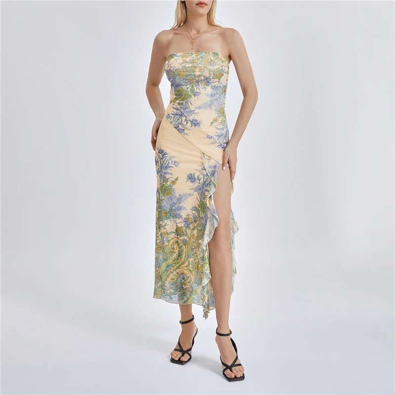 Fashion Women Wrap Chest Bodycon Dress Floral Print Strapless Ruffles Slit Backless Cocktail Dress Summer Party Club Long Dress