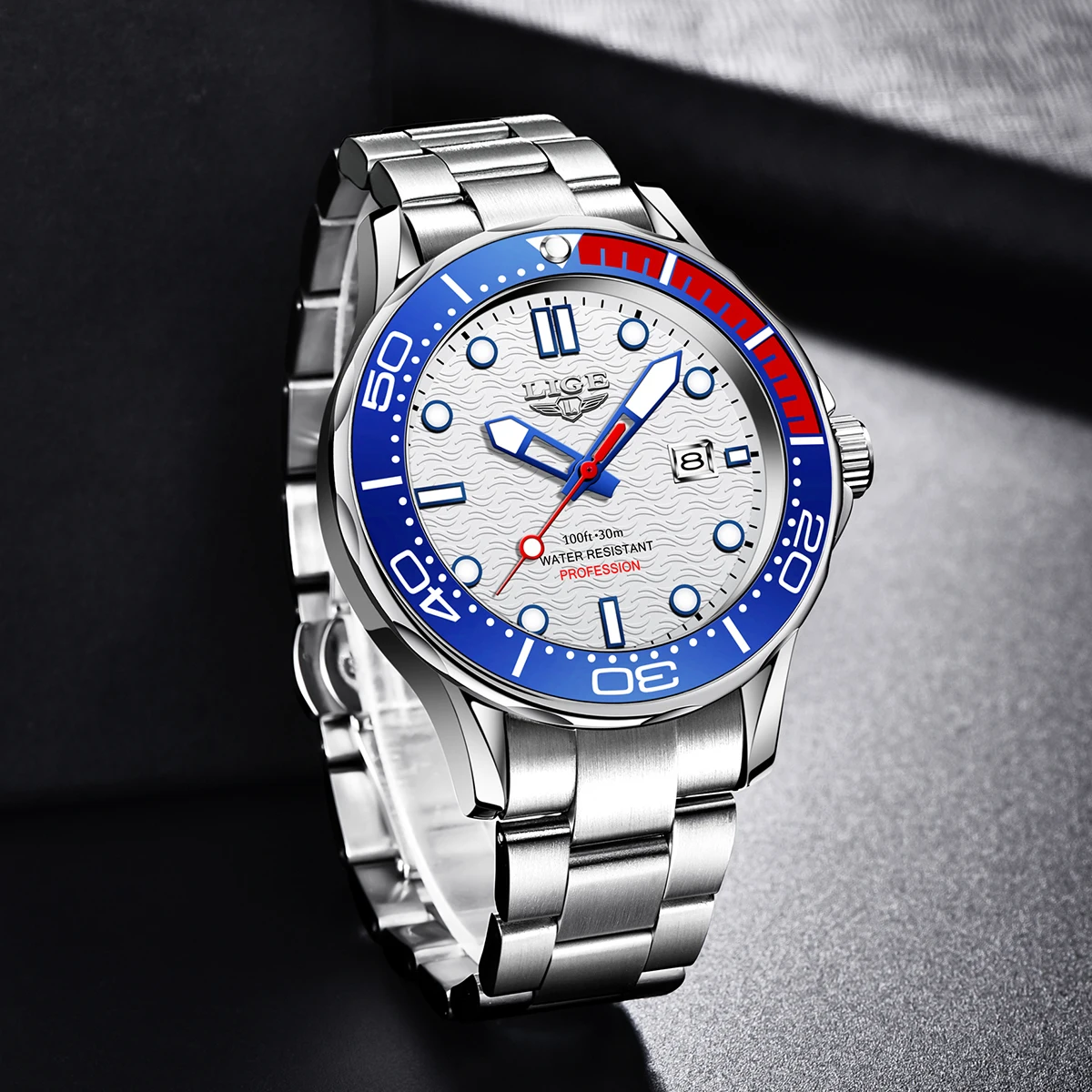 LIGE Diver Men's Watch Two Tone Rose Blue Steel Black Dial 30M Waterproof Luminous Quartz Wristwatch Male Clock Montre Homme+BOX