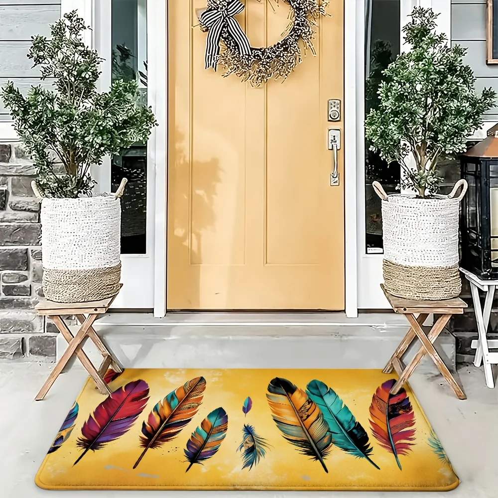 Vibrant Feather Pattern Doormat Indoor Outdoor Entrance Mat Boho Chic Tropical Home Decor Welcome Rug Accessory