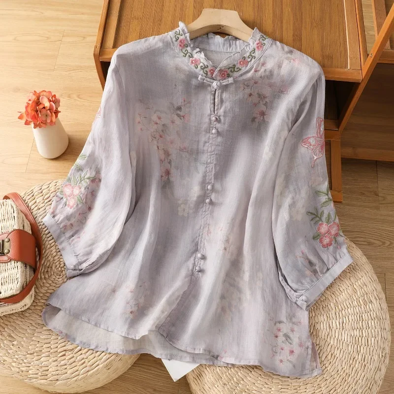 

Chinese Style Women's Blouse Embroidery Vintage Shirts Fashion Loose Summer Clothing Short Sleeve Cotton Linen Women Tops