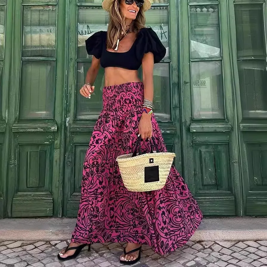 Summer Women's Skirt Printed Floral Print Elastic Waist Skirts Boho Style Vacation Maxi Skirt Pink High Waist Long Skirt