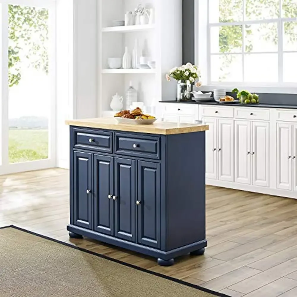 Butcher Block Top Kitchen Island with Ample Storage Birch Veneers Wheeled Cart or Stationary Island Navy Color Solid Wood