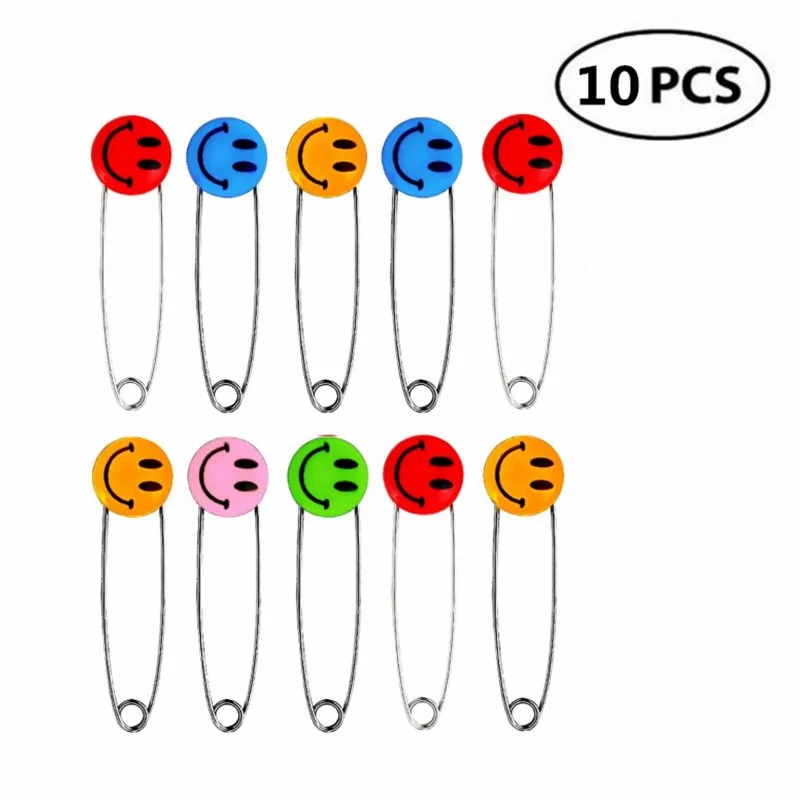 10pcs Safety Pins Child Proof Safety Pin Candy-Color- Smile Cute Baby Safe Pins,Plastic Head, for Fabric Diapers, Garment Repair