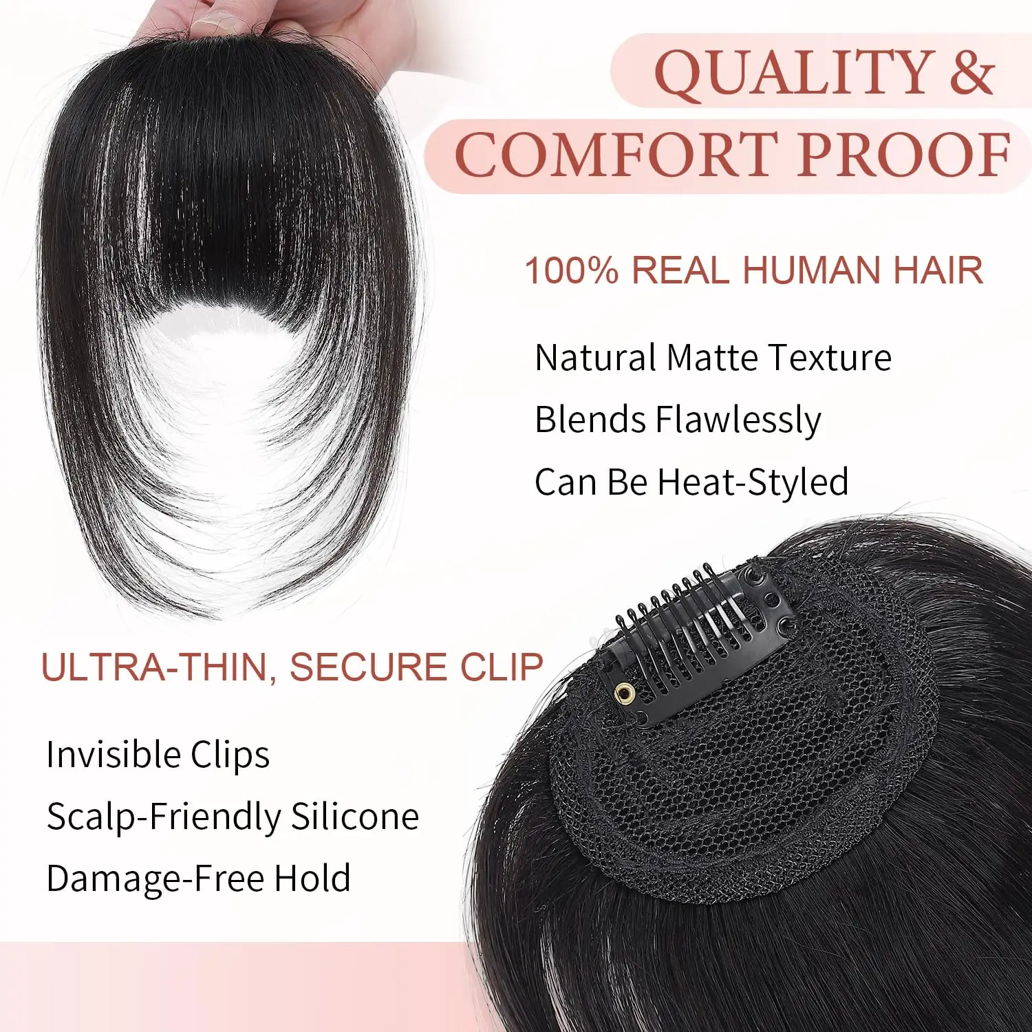 100% Echthaar Clip-in Pony French Curved Curtain Style Weicher, geschichteter Kunstpony mit Seitensträhnen Hitzebeständiges, zuschneidbares Haar – Detail 4