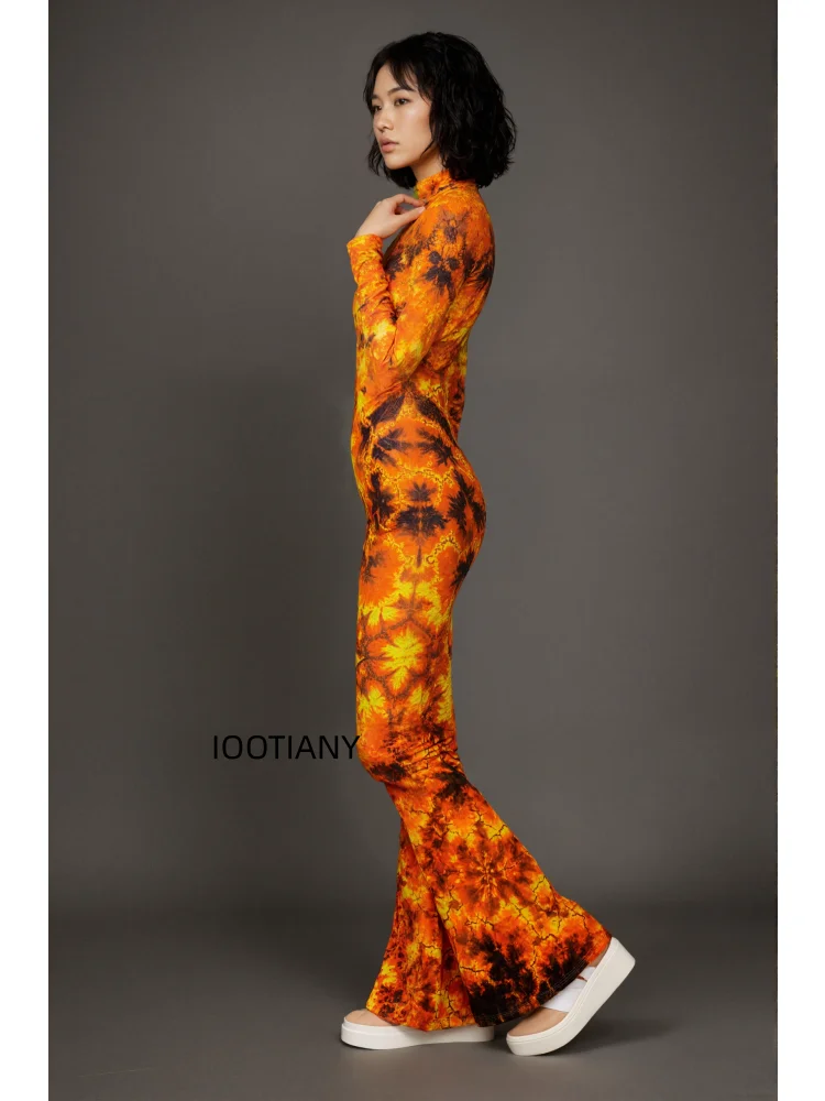 Damen Retro Orange Flammen-Jumpsuit für Musikfestivals, Bühnentanz, Halloween-Party, Cosplay, Bodysuit mit schmal geschnittenen Schlaghosen – Detail 6
