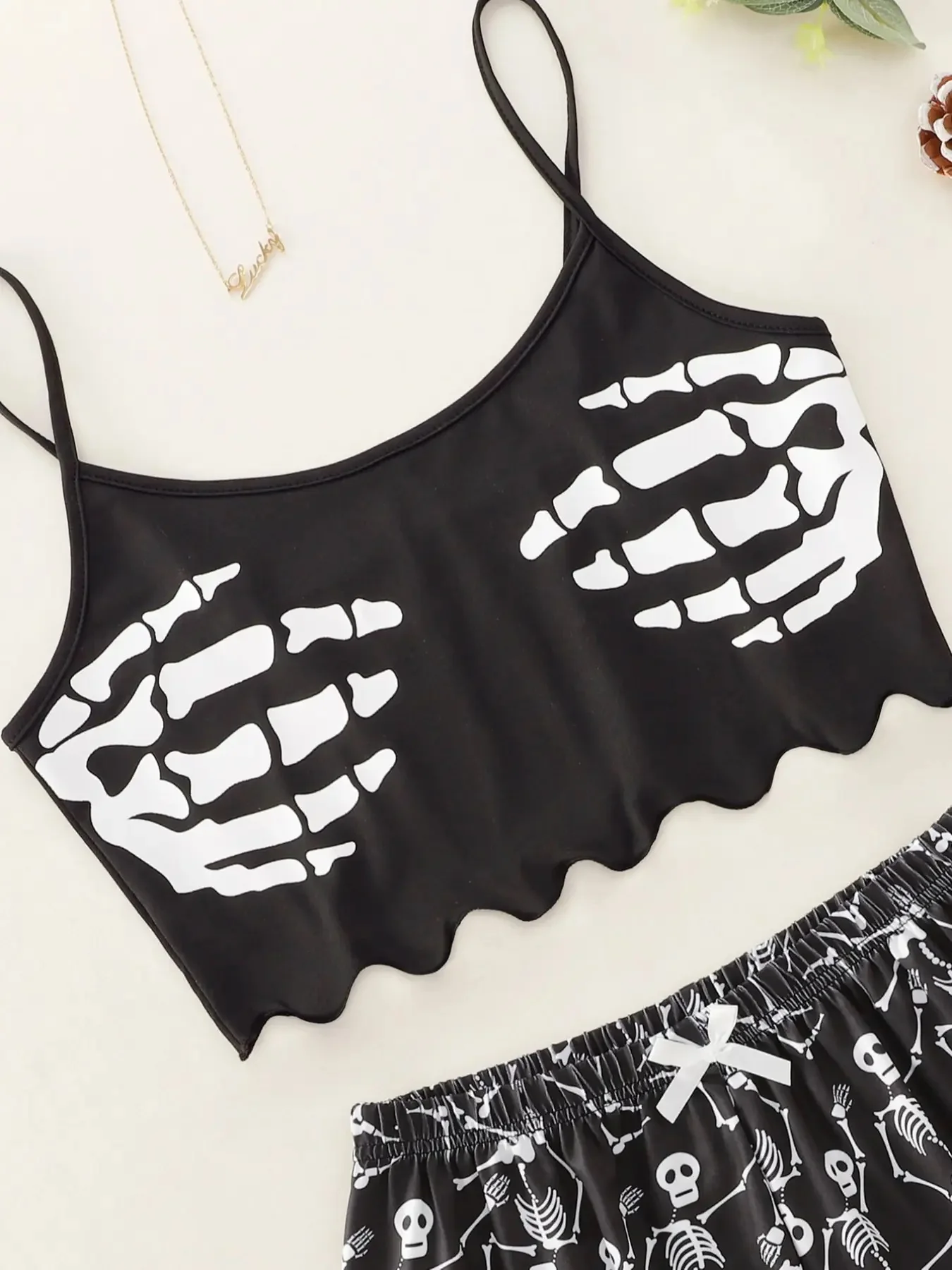 Women\'s Pajama Set Skeleton Print Camisole Shorts Pyjama Female Sexy Sleevless Crop Elastic Sleepwear