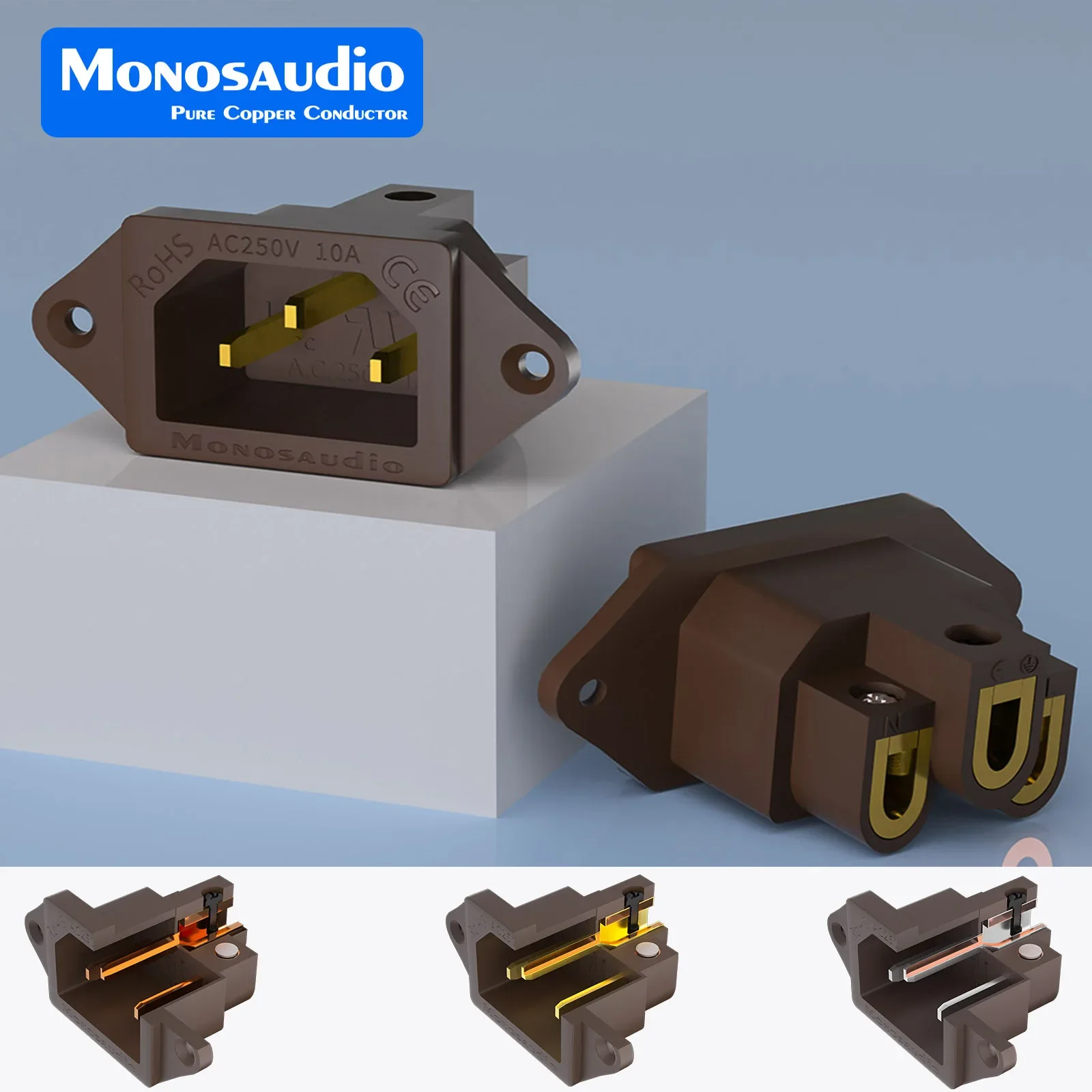 Monosaudio IC71 High-End Pure Copper Gold & Rhodium Plated Non-Solder IEC Socket Inlet for Audio Power - Brown, Stainless Steel